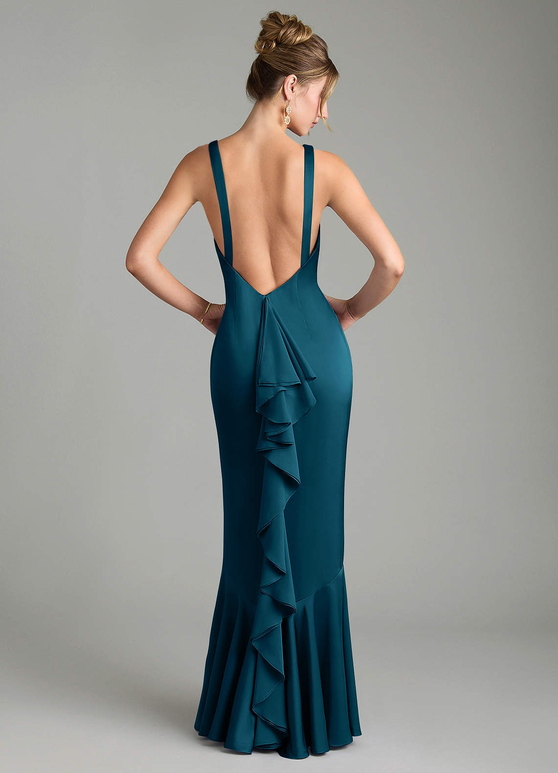 Tamera Mermaid Boat-Neck Stretch Satin and Chiffon Bridesmaid Dress in Ink Blue