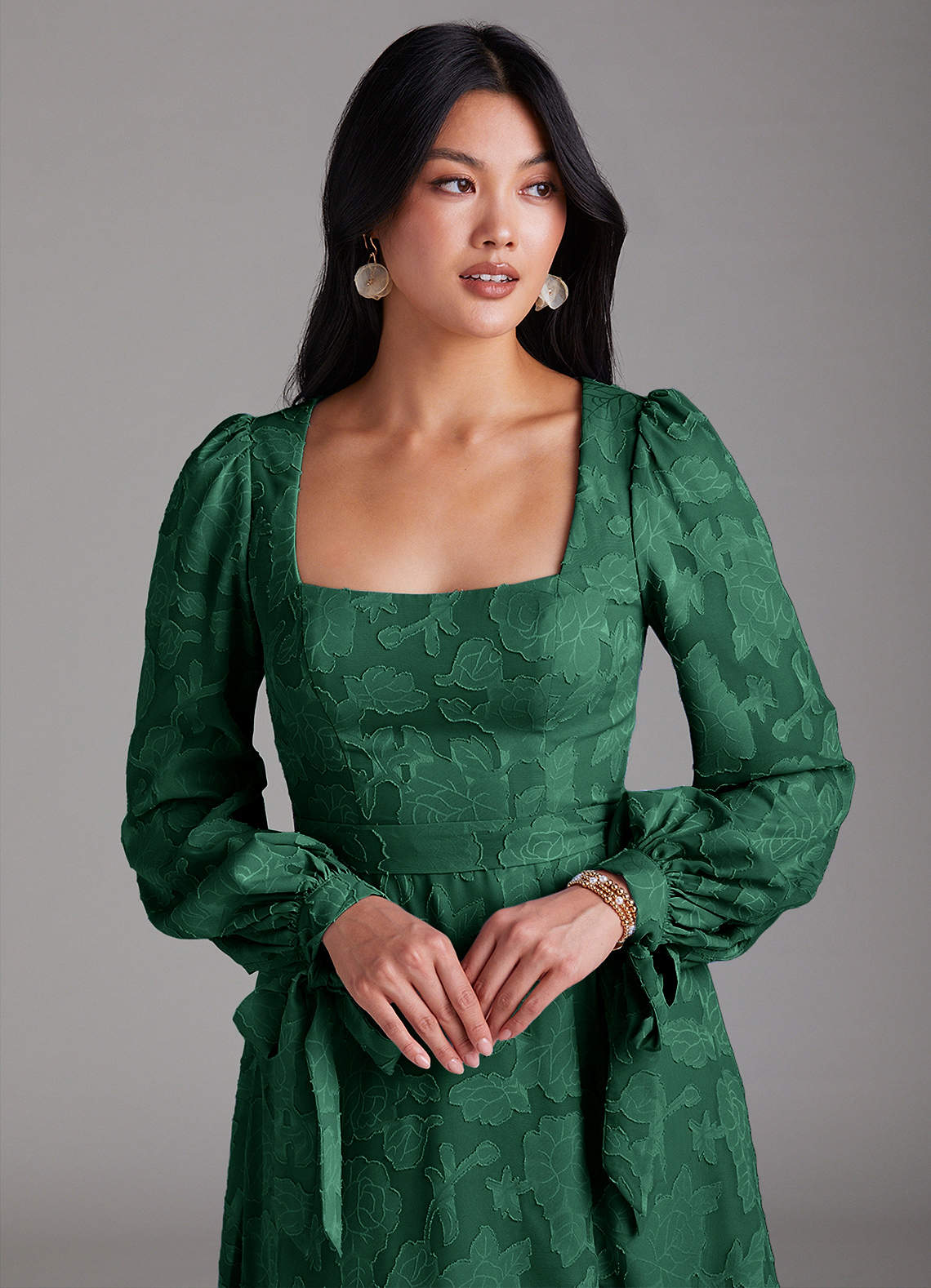 Leonia A-Line Square-Neck Stretch Satin Bridesmaid Dress in Dark Green