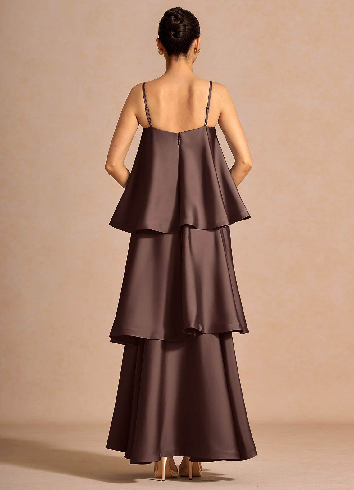 Itasca A-Line Tiered Stretch Satin Wedding Guest Dress in Truffle