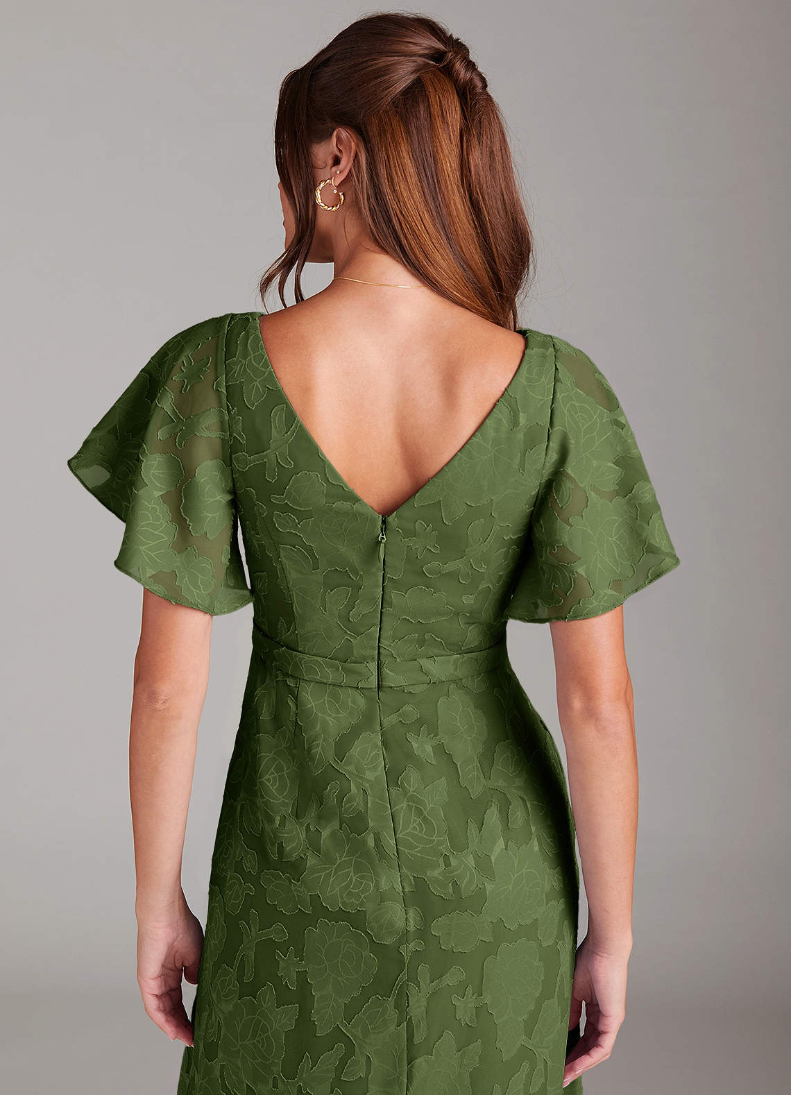 Ambrosia A-Line V-Neck Floral Burnout Bridesmaid Dress in Olive