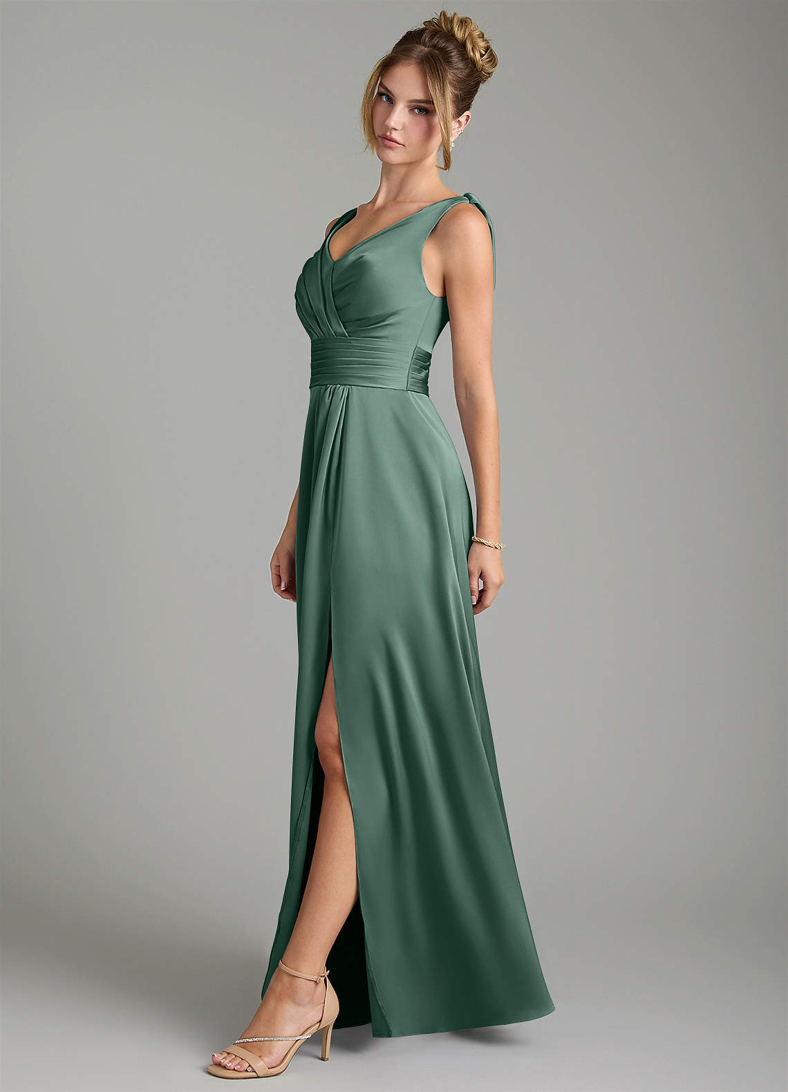 Karina A-Line V-Neck Stretch Satin Bridesmaid Dress in Eucalyptus