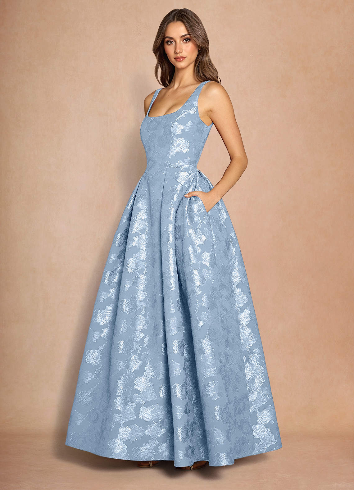 Briac A-Line Scoop-Neck Fil Coupé Evening Dress in Powder Blue
