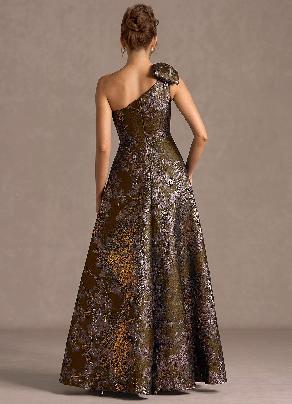 Jonelle A-Line One-Shoulder Metallic Jacquard Evening Dress in Mocha Coco