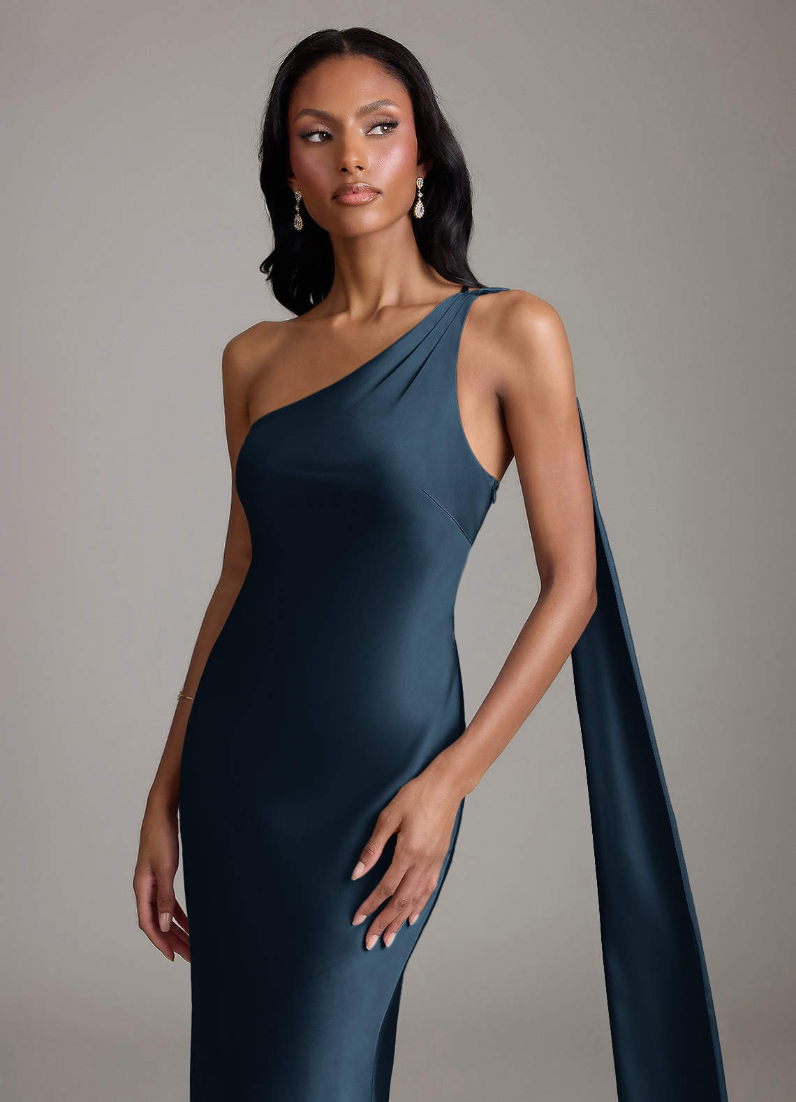 Juniper Mermaid One-Shoulder Stretch Satin Bridesmaid Dress in Dark Navy
