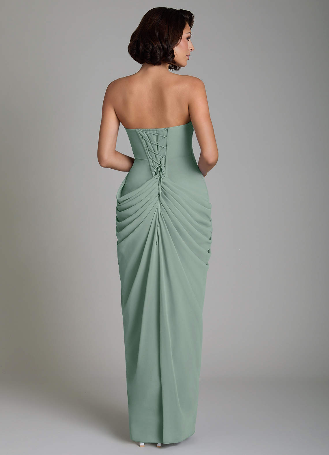 Nyra Sheath Strapless Chiffon Bridesmaid Dress in Silver Sage