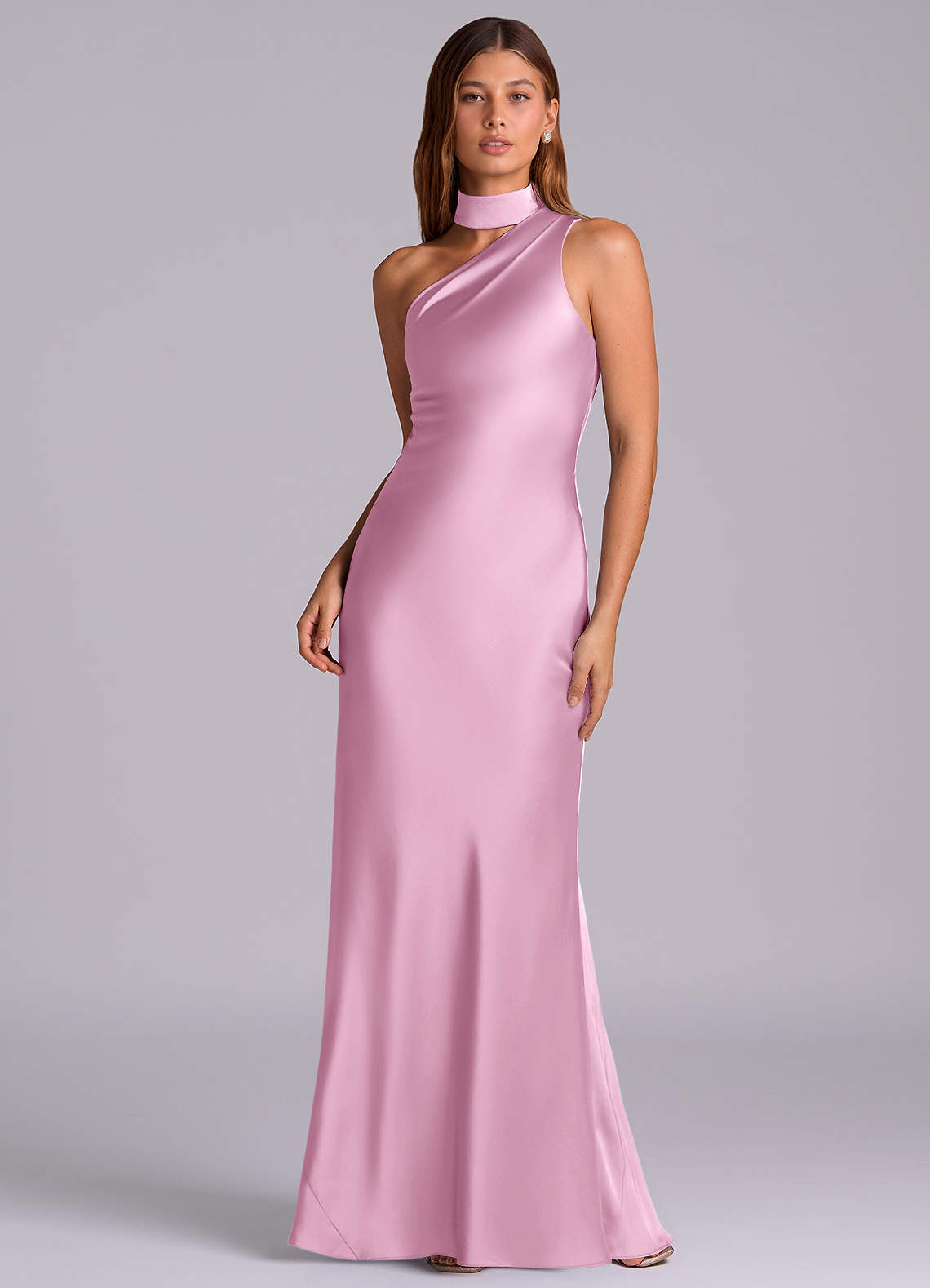 Seona Mermaid One-Shoulder Stretch Satin and Tulle Bridesmaid Dress in candy pink