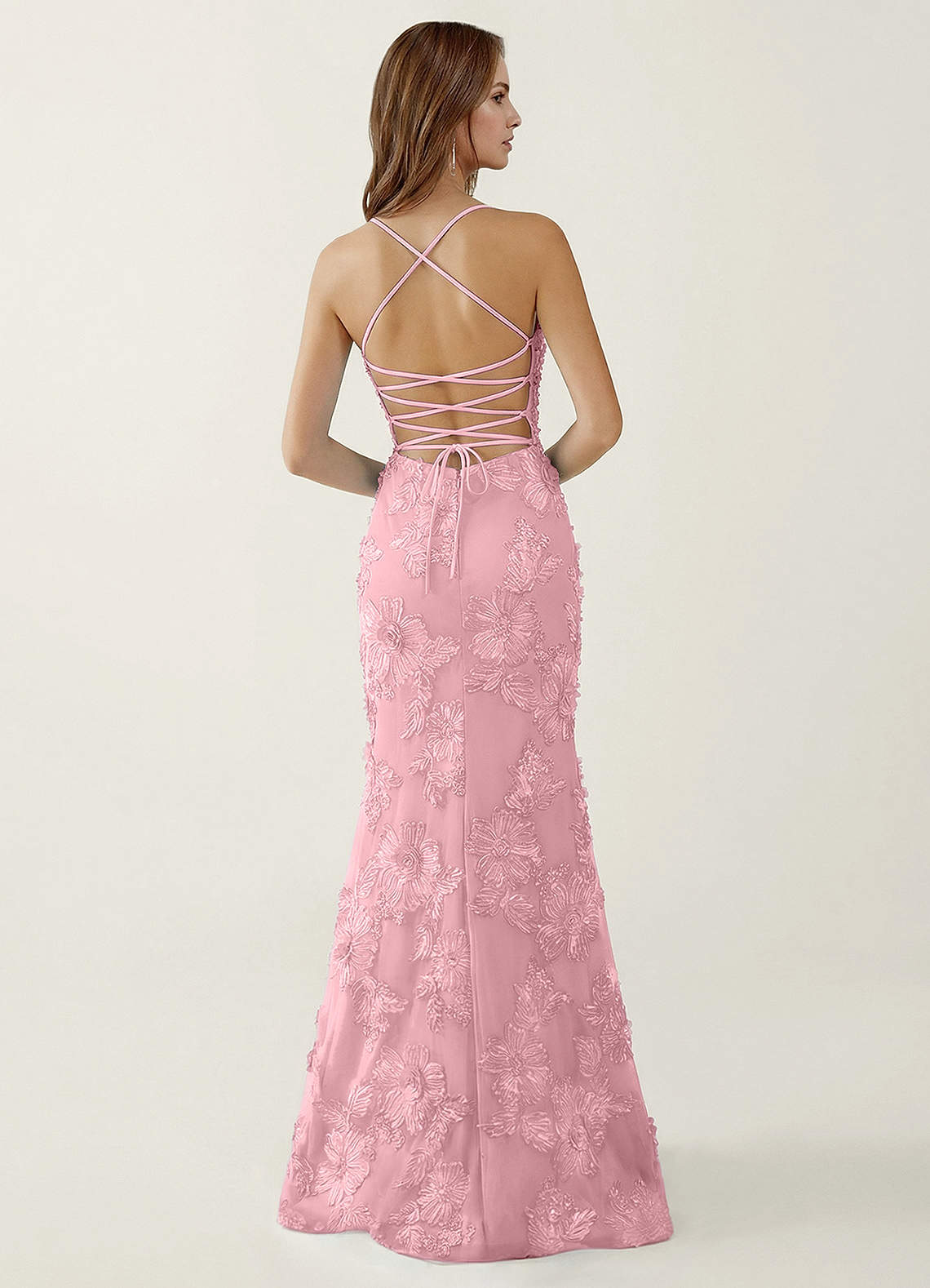 Bellatrix Mermaid Spaghetti-Strap Stretch Lace Evening Dress in English Rose