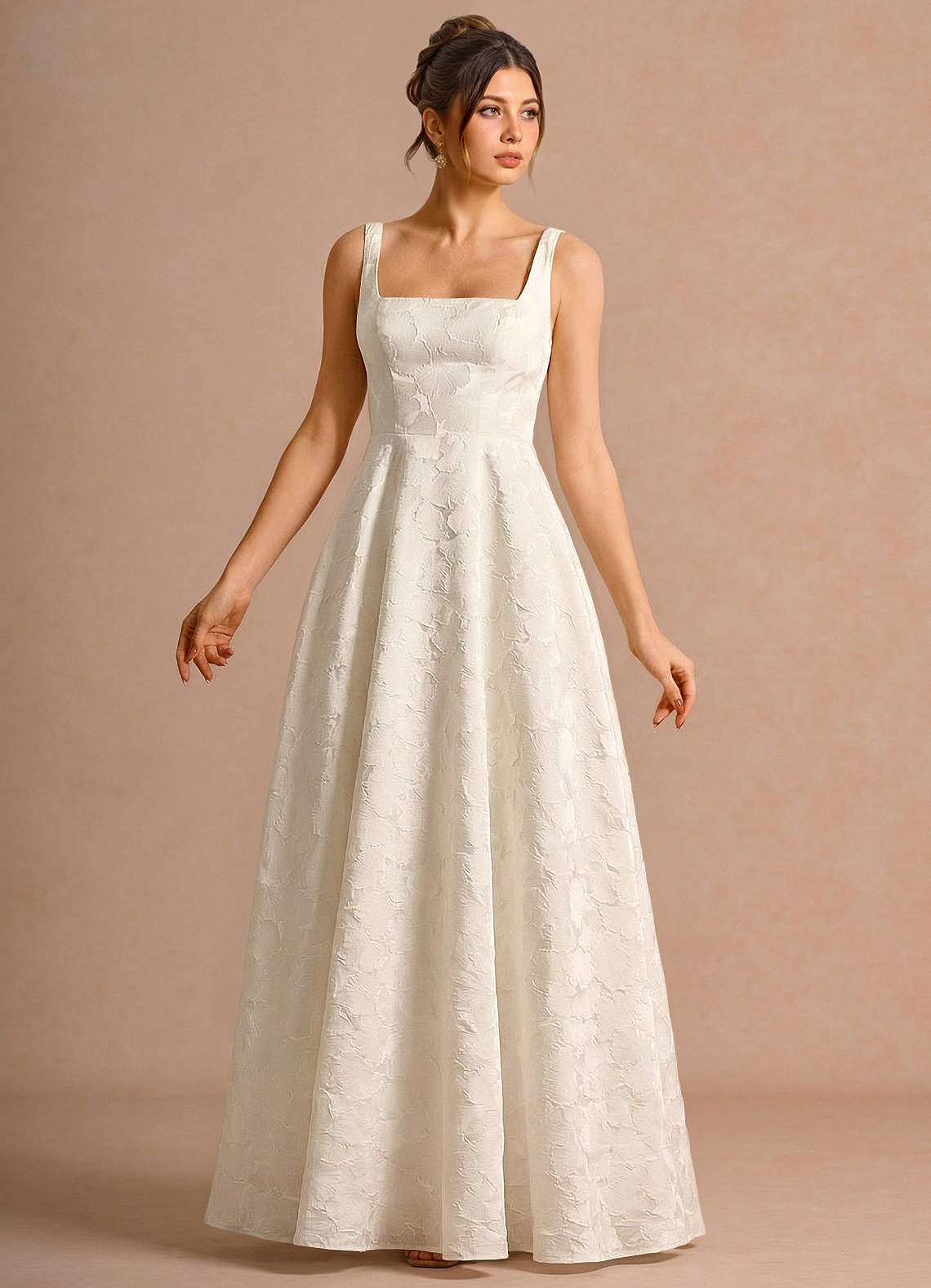 Effie A-Line Square-Neck Jacquard Evening Dress in French White