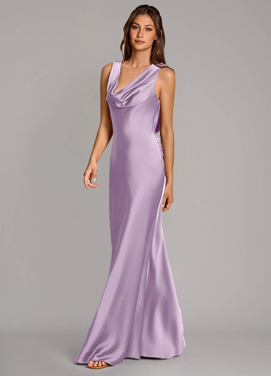 Cheryl Mermaid Cowl-Neck Stretch Satin Bridesmaid Dress in Frosted Lilac