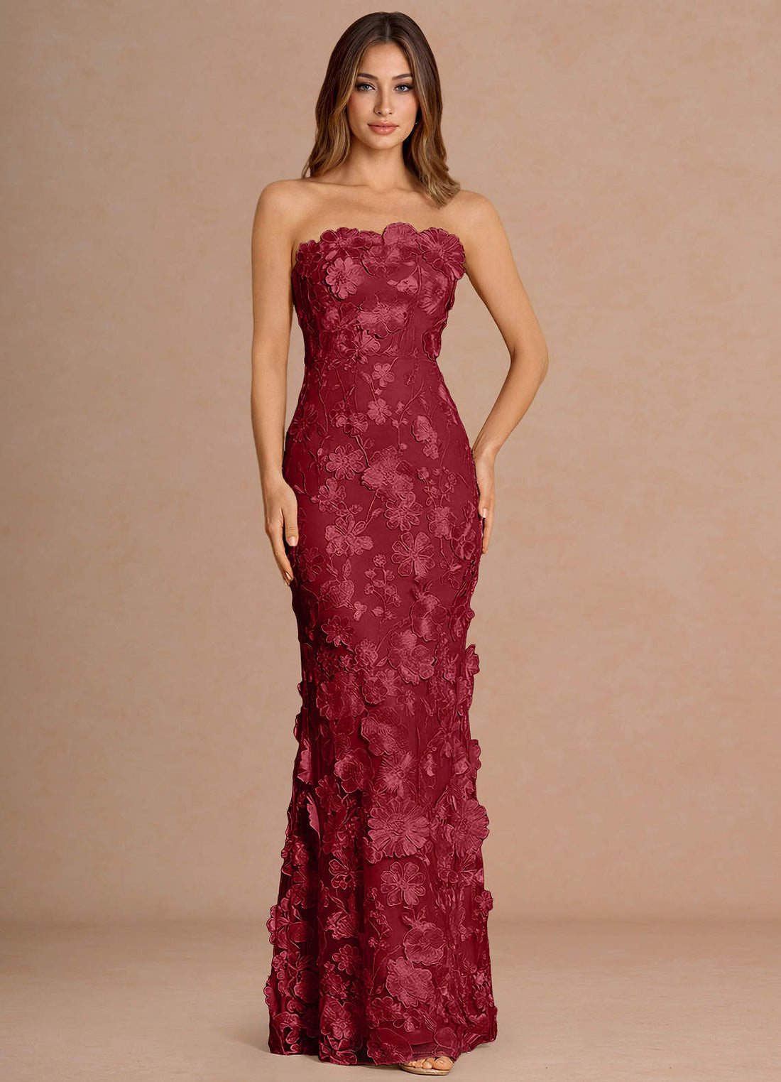 Della Mermaid Floral Lace Evening Dress in Merlot