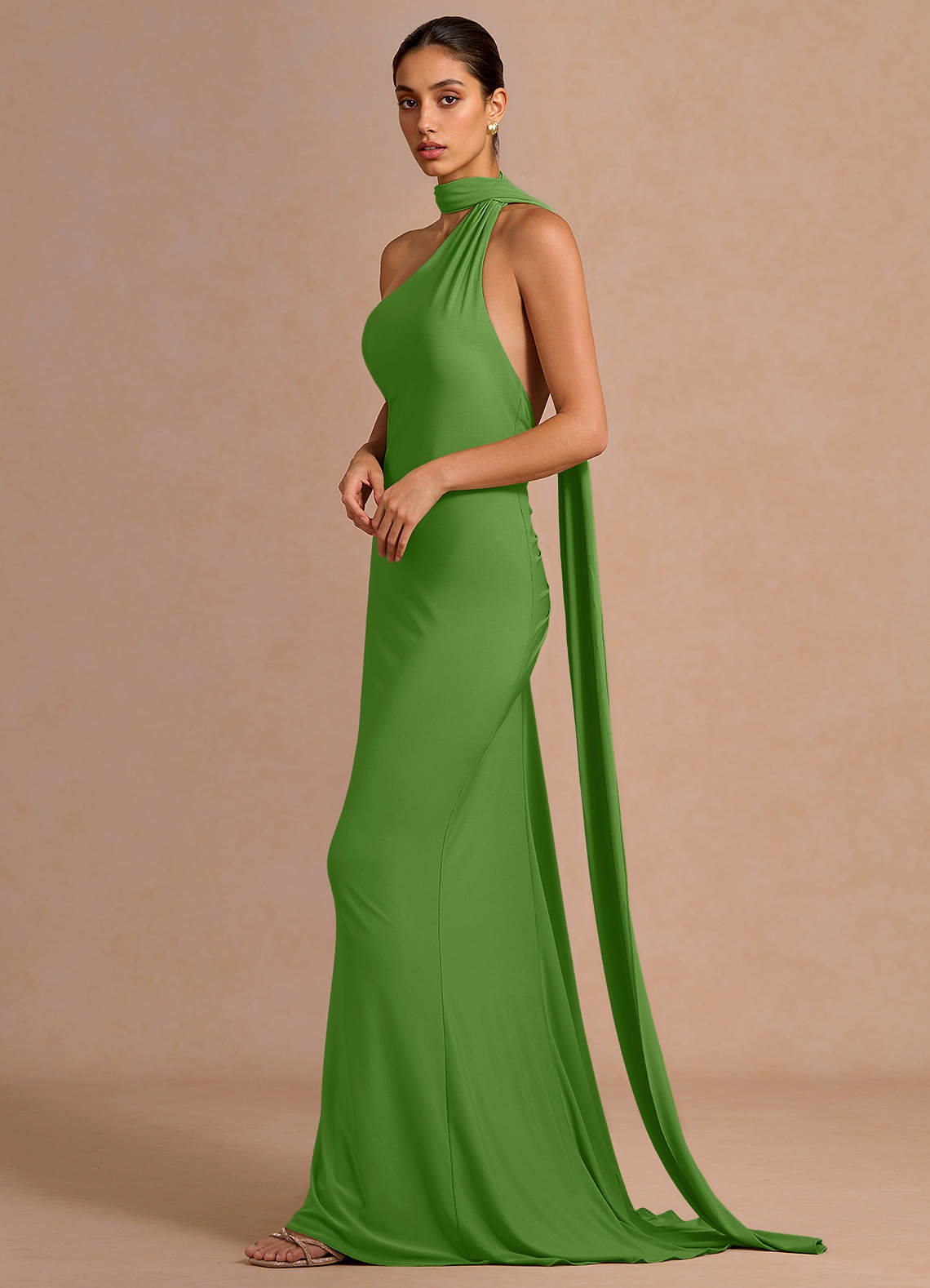Miliani Sheath Neck-Tie Stretch Knit Evening Dress in Olive
