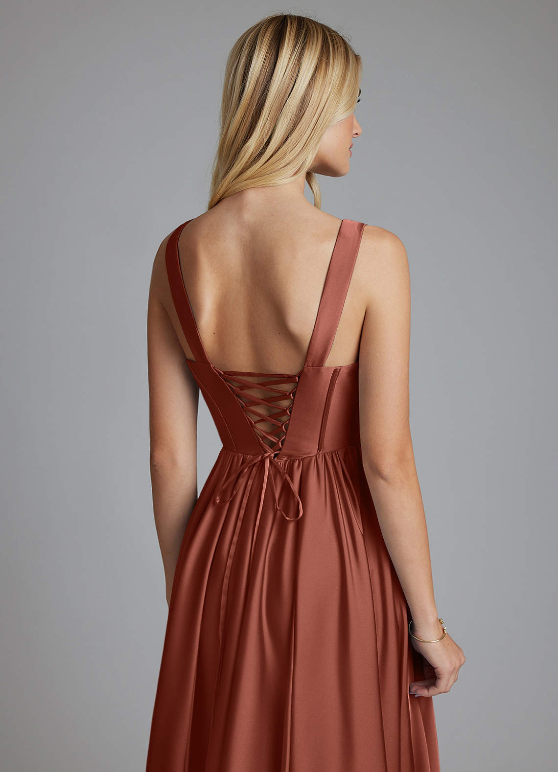Delmie A-Line V-Neck Stretch Satin Bridesmaid Dress in Auburn