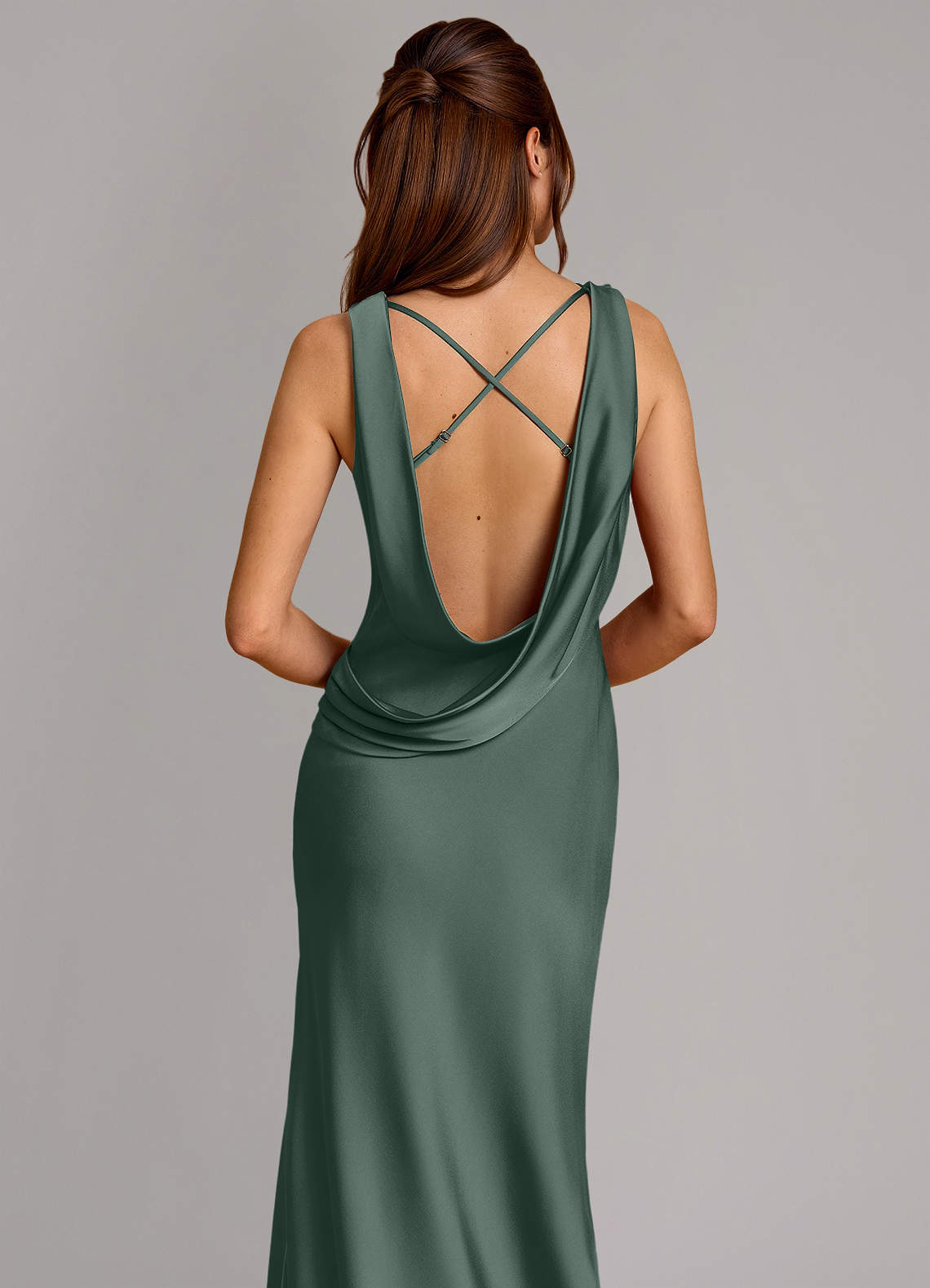 Cheryl Mermaid Cowl-Neck Stretch Satin Bridesmaid Dress in Sea Moss
