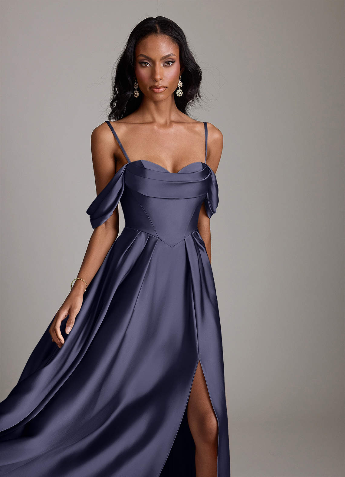 Loisa A-Line Off-the-Shoulder Stretch Satin Bridesmaid Dress in Stormy