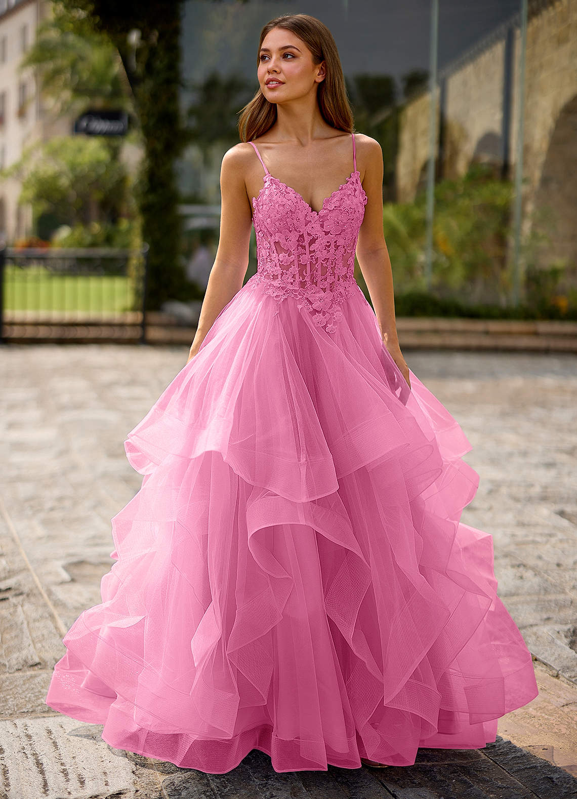 Spitze Ball Gown Sweetheart Lace Tulle Evening Dress in candy pink