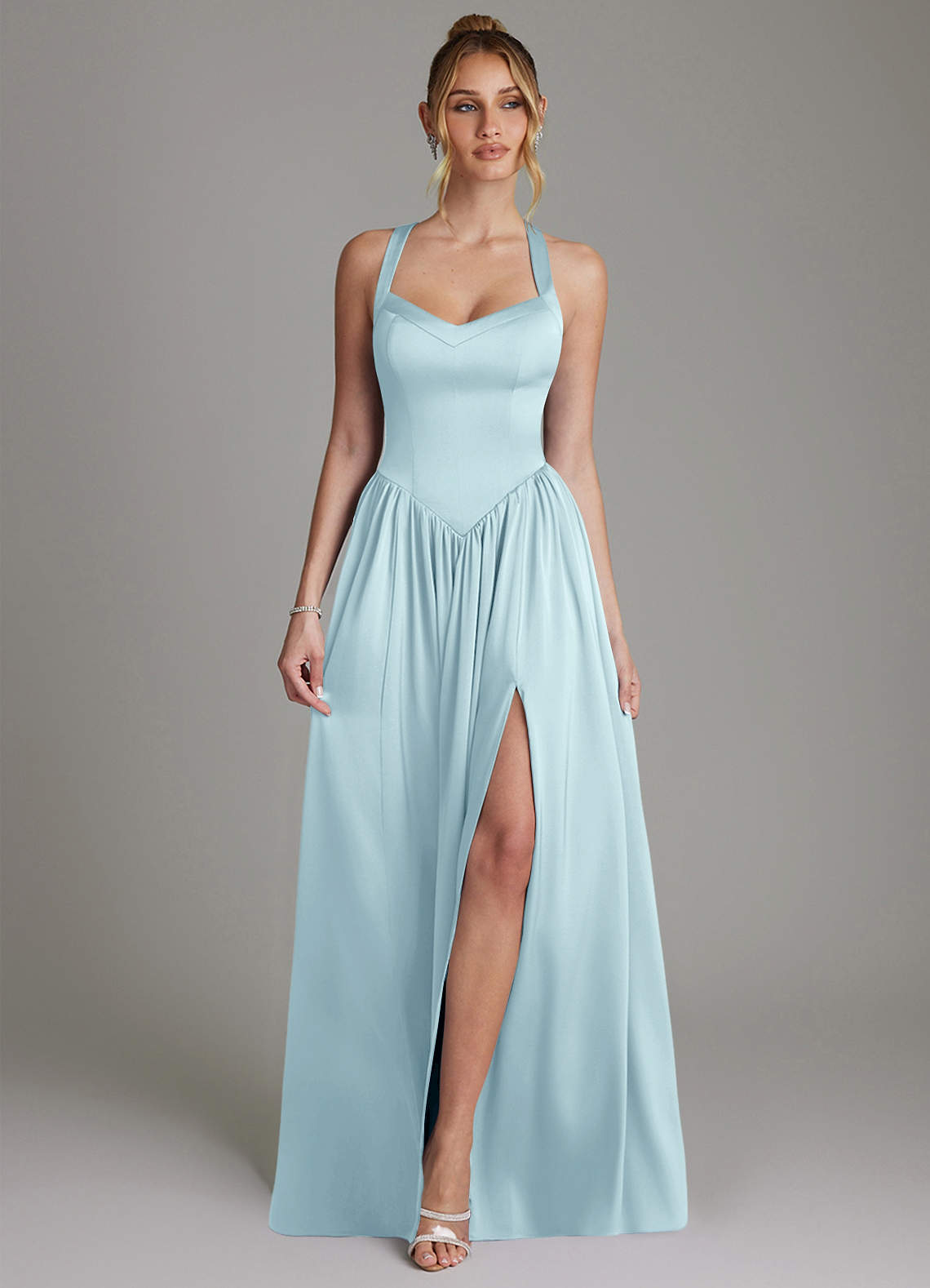 Francis A-Line V-Neck Stretch Satin Bridesmaid Dress in Cloud Blue