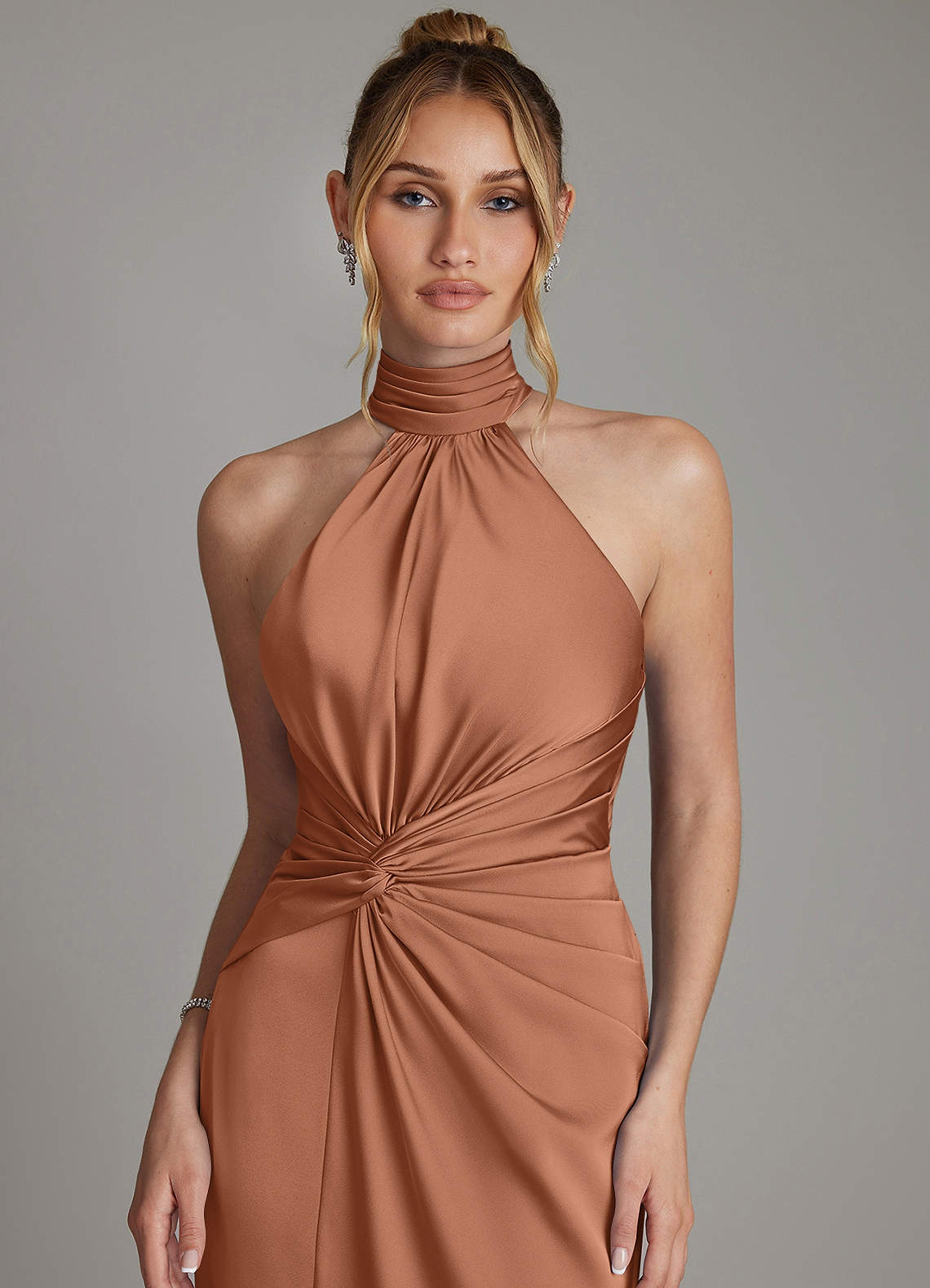 Gracelynn Sheath Halter Stretch Satin Bridesmaid Dress in Bronzer