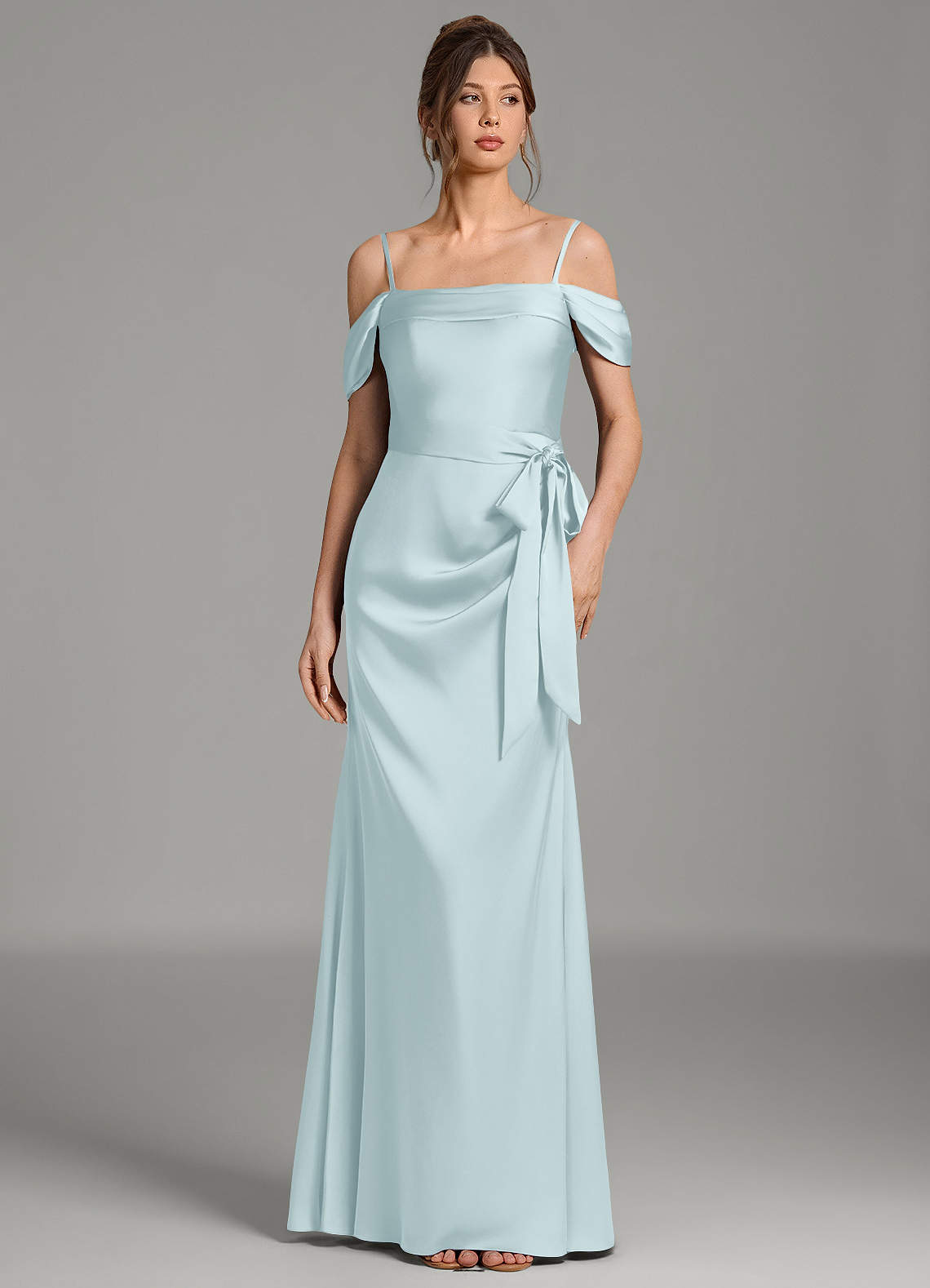 Wyatt Mermaid Off-the-Shoulder Stretch Satin Bridesmaid Dress in Mist