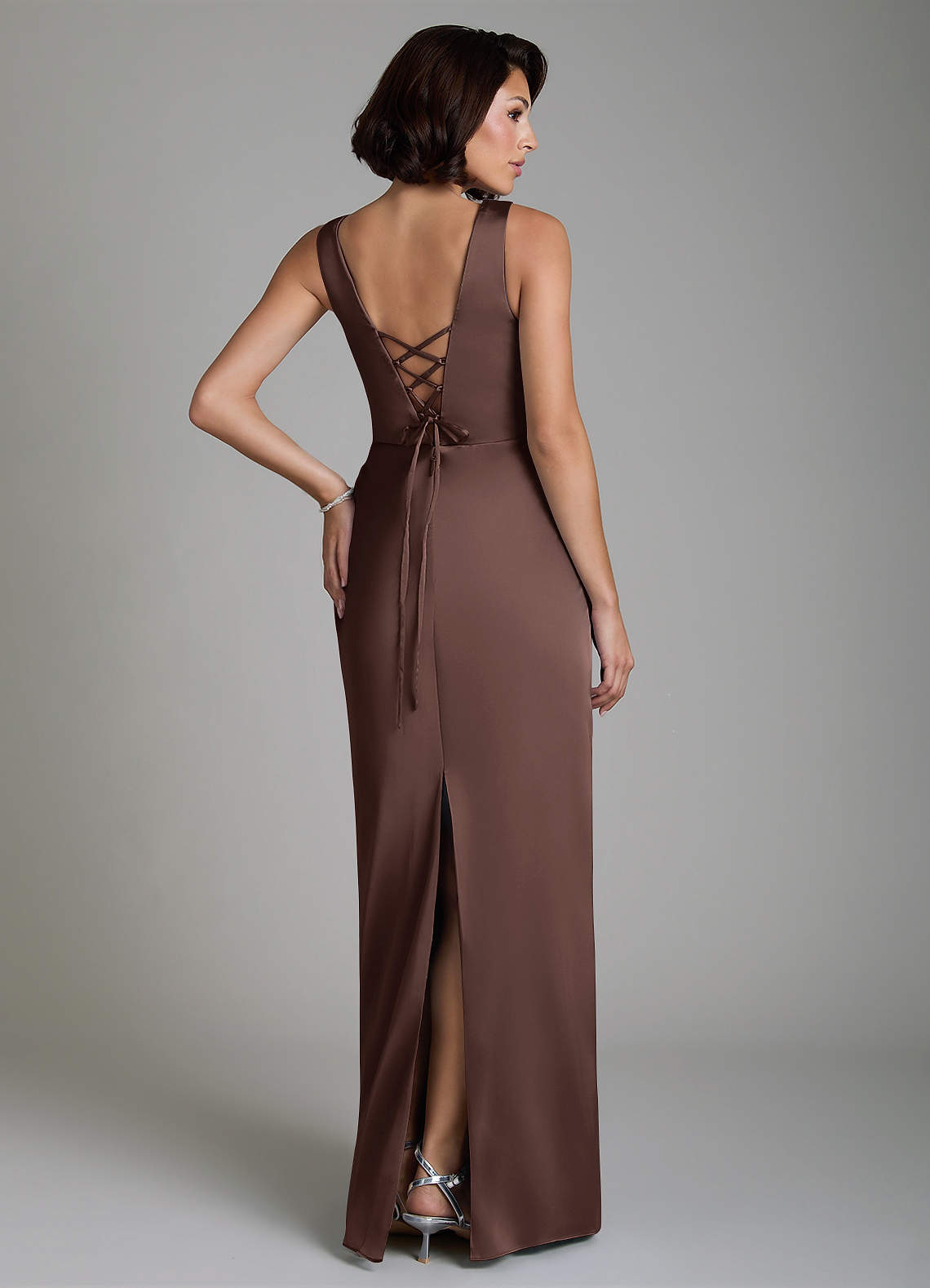 Vanya Sheath V-Neck Stretch Satin Bridesmaid Dress in Ganache