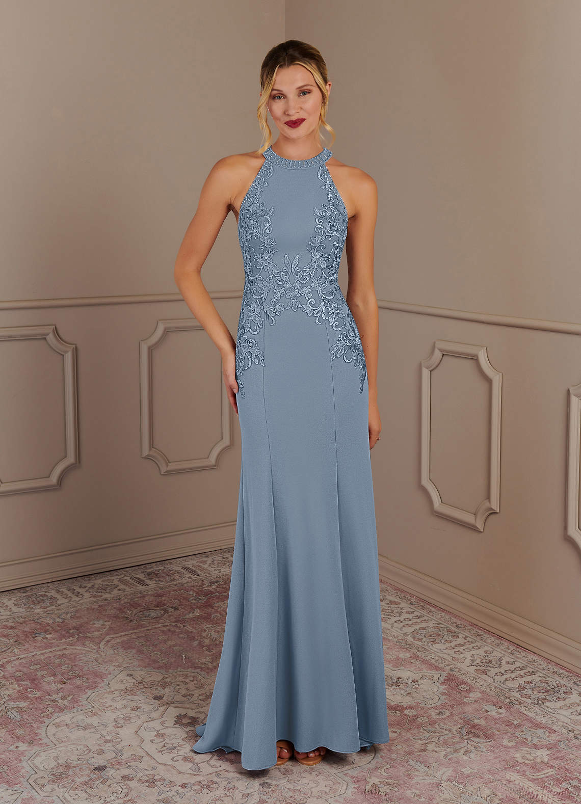 Tyra Mermaid Halter Tulle and Stretch Crepe Mother of the Bride Dress in dusty blue
