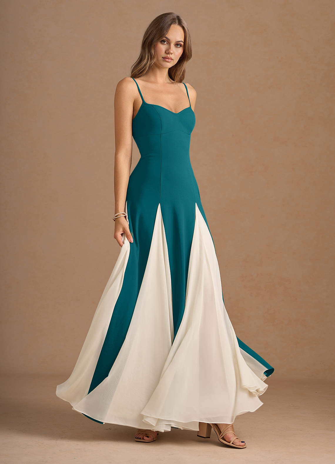 Jessenia A-Line Color-Block Crepe Chiffon Wedding Guest Dress in Peacock