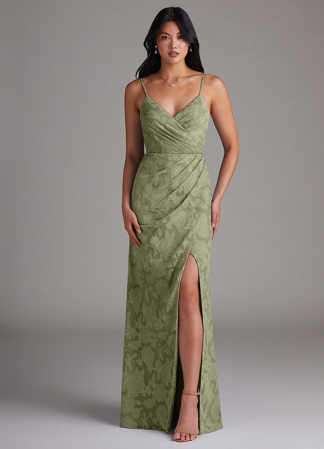 Maci Sheath V-Neck Floral Burnout Bridesmaid Dress in Pistachio