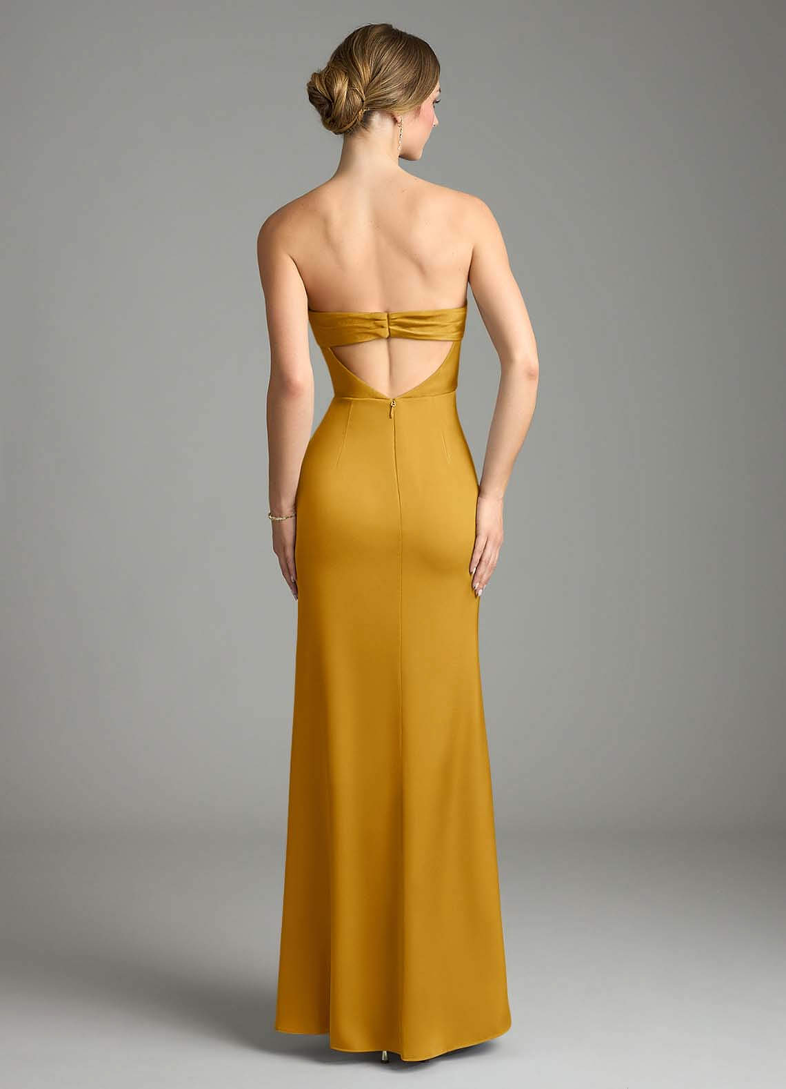 Leonis Mermaid Cowl-Neck Stretch Satin Bridesmaid Dress in butterscotch