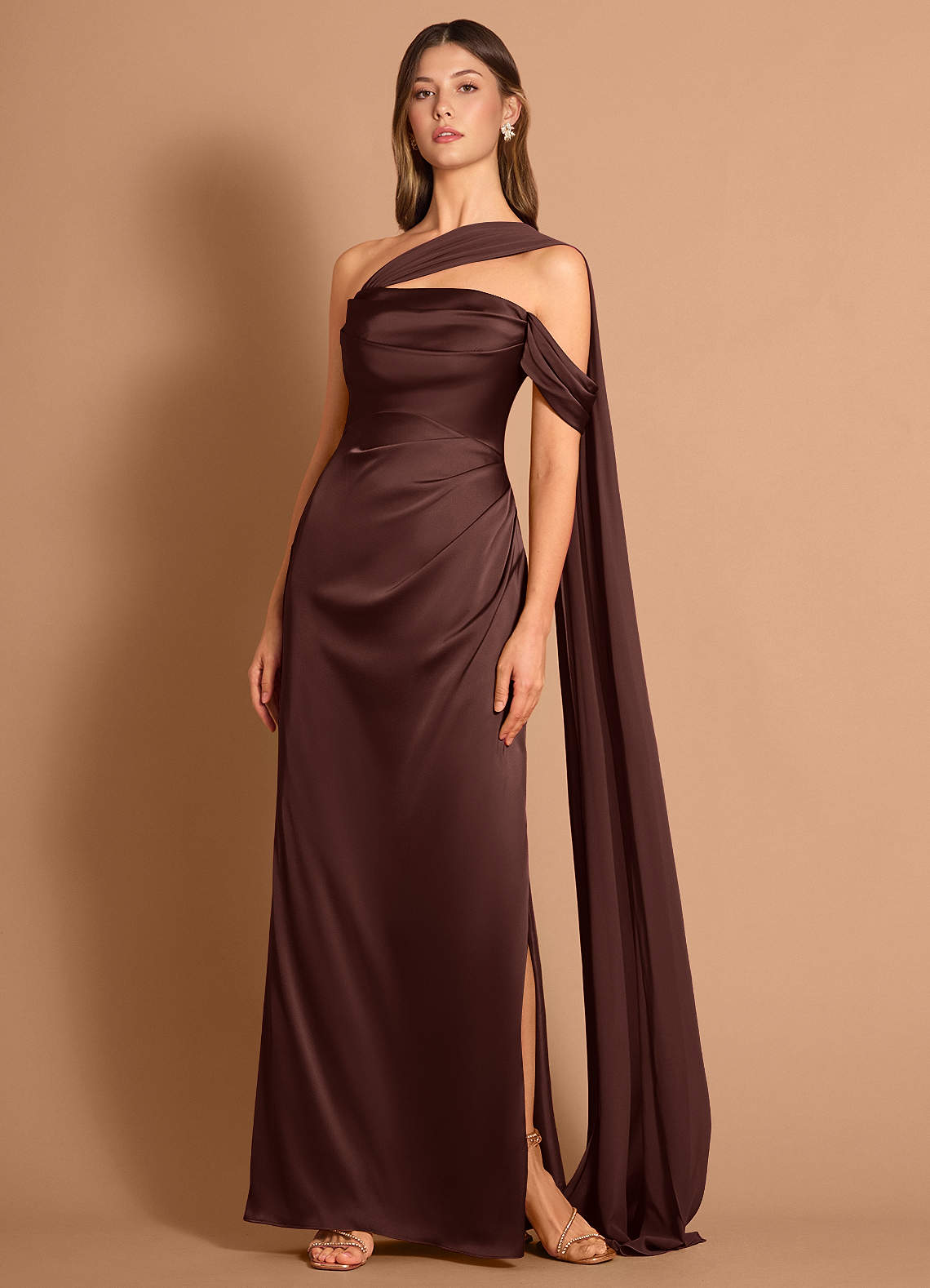 Meliora Asymmetric Strapless Chiffon-Drape Stretch Satin Evening Dress in Haze Pink