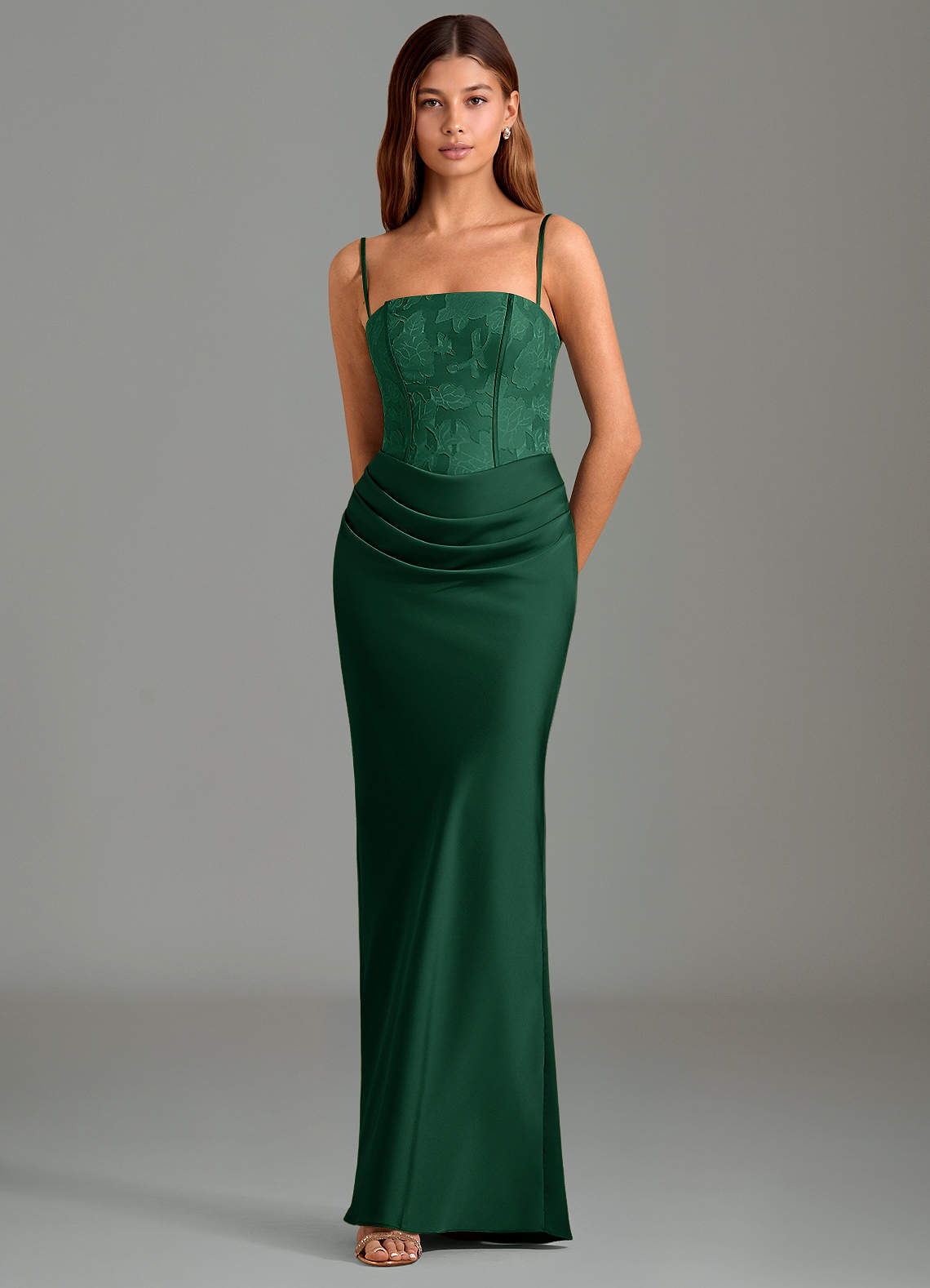 Emilia Mermaid Strapless Stretch Satin and Floral Burnout Bridesmaid Dress in Dark Green