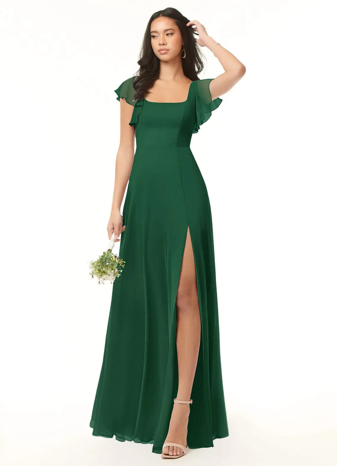 Bondi A-Line Square-Neck Chiffon Bridesmaid Dress in Dark Green