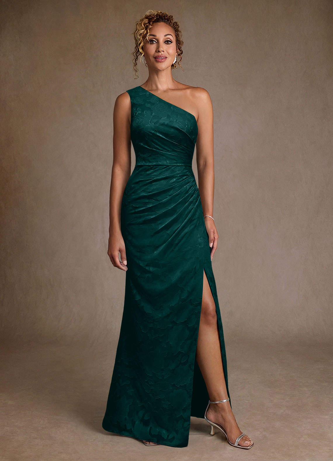 Joylin Trumpet One-Shoulder Floral Burnout Mother of the Bride Dress in Pine