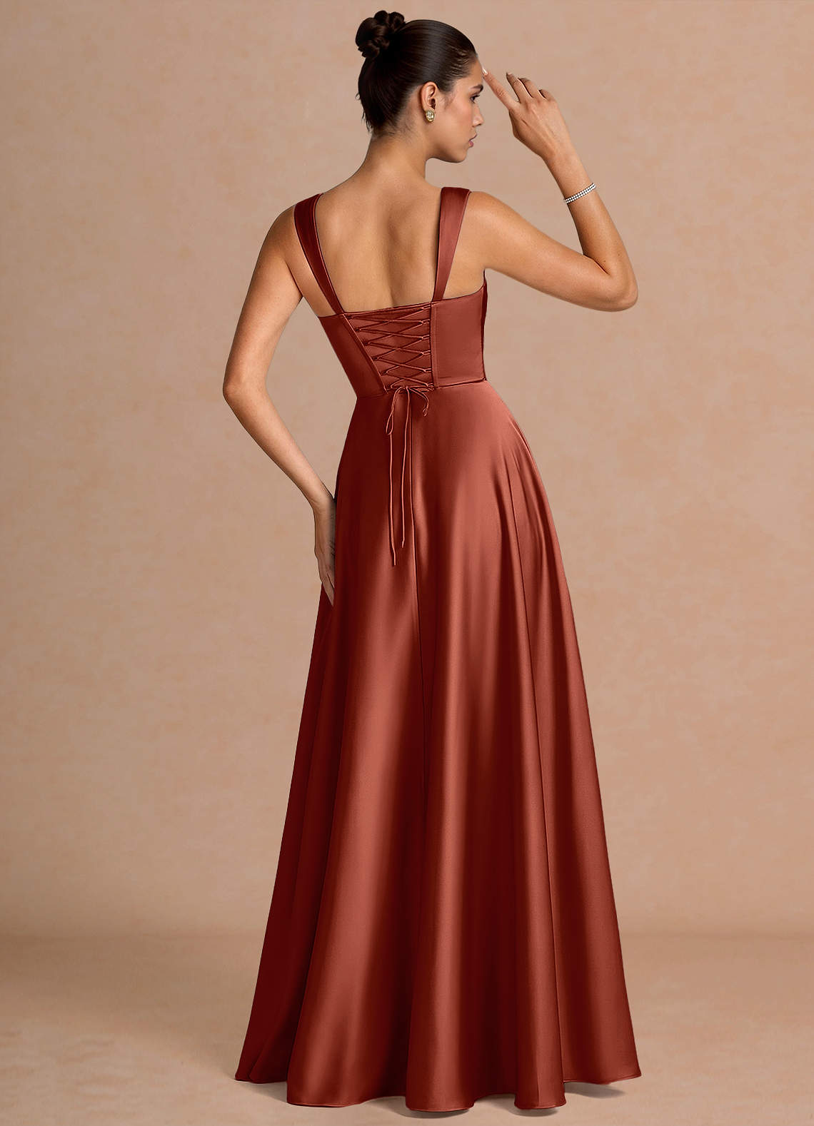 Azaria A-Line Square-Neck Stretch Satin Wedding Guest Dress in Burnt Umber