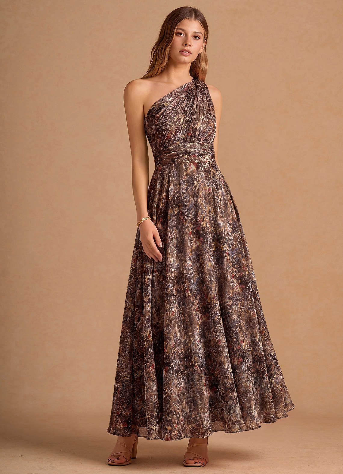Noelle A-Line Twisted-Shoulder Chiffon Wedding Guest Dress in Truffle