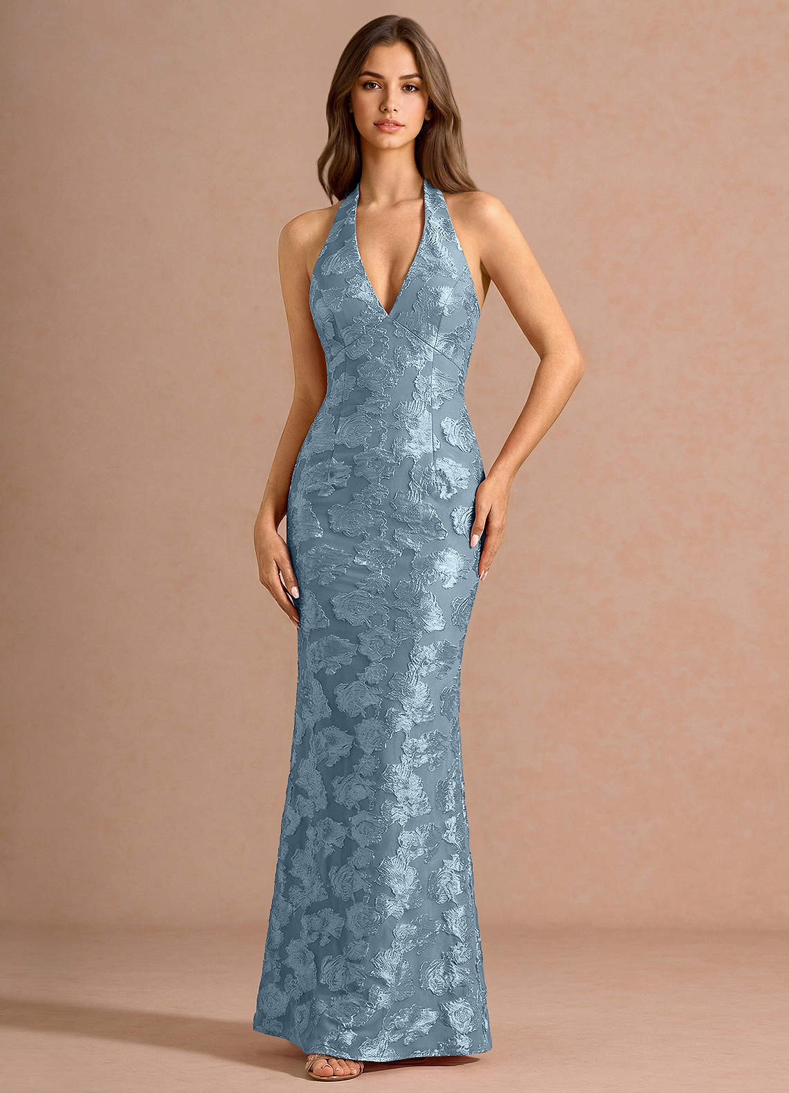 Valerie V-Neck Open-Back Fil Coupé Evening Dress in Dusty Blue