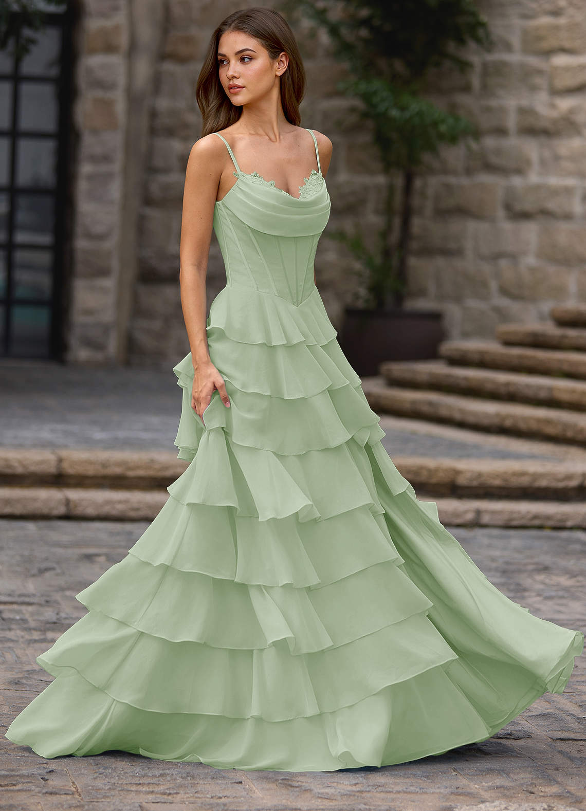 Floralace A-Line Ruffle Chiffon Evening Dress in Light Green
