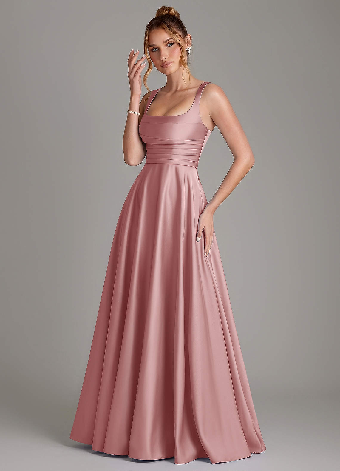 Azaria A-Line Square-Neck Stretch Satin Bridesmaid Dress in dusty rose