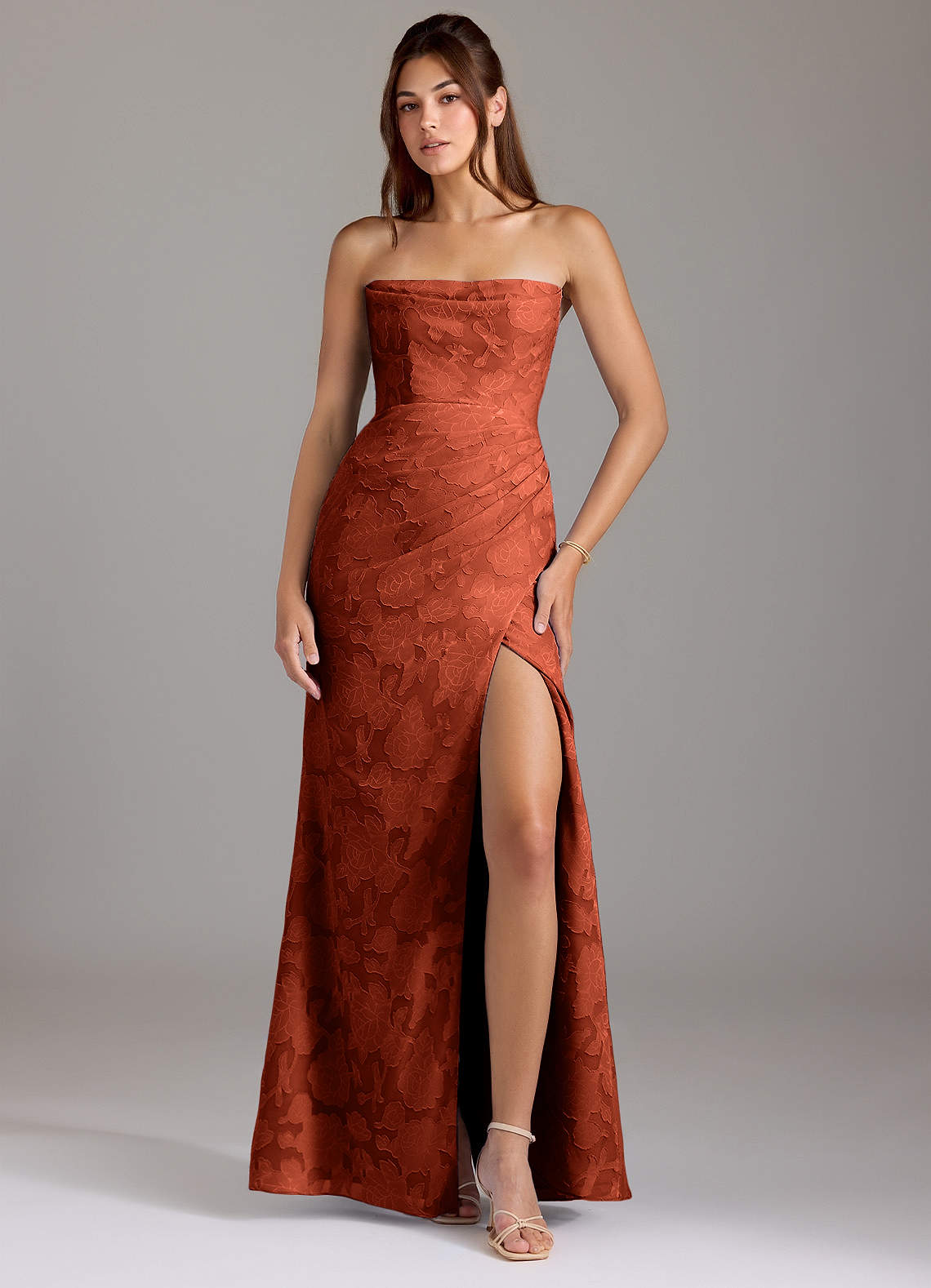 Leonis Sheath Strapless Floral Burnout Bridesmaid Dress in Auburn