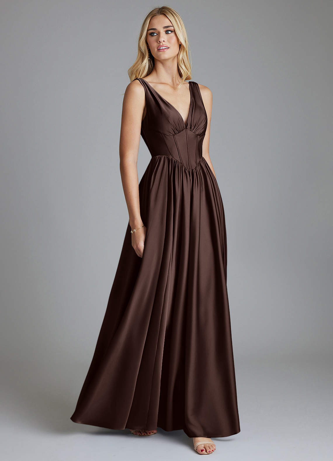 Delmie A-Line V-Neck Stretch Satin Bridesmaid Dress