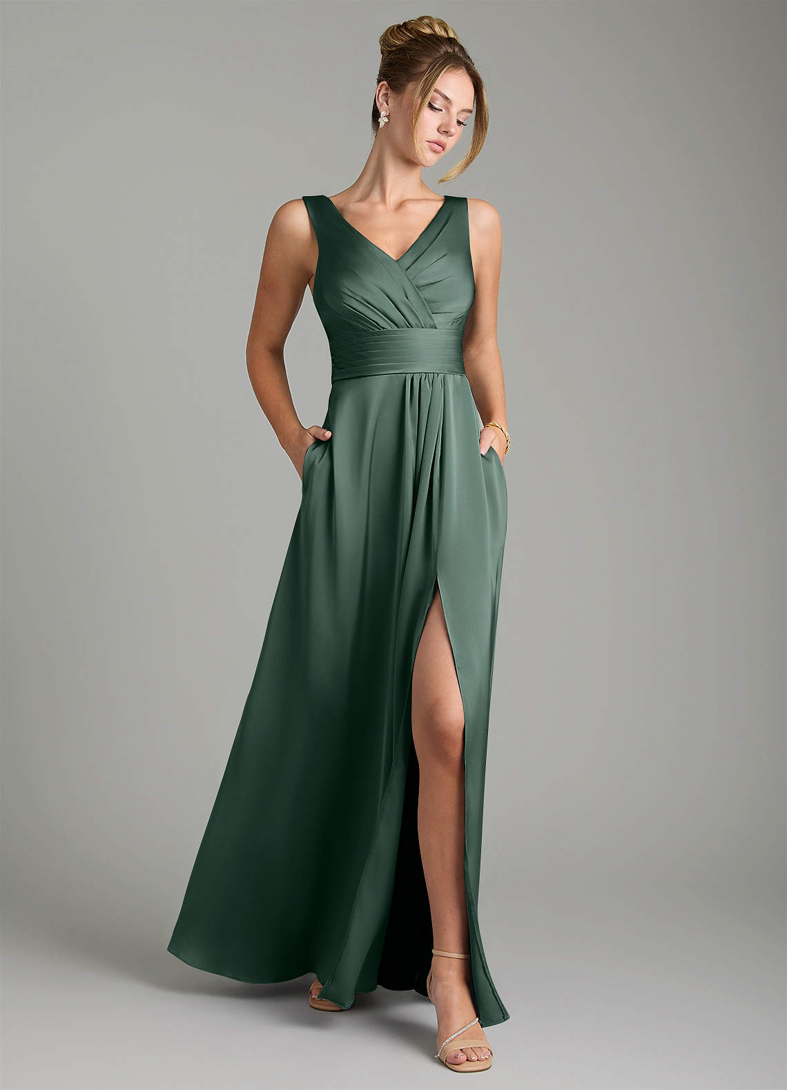 Karina A-Line V-Neck Stretch Satin Bridesmaid Dress in Sea Moss