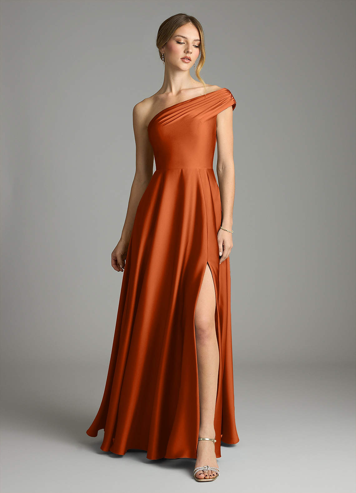 Melanie A-Line One-Shoulder Stretch Satin Bridesmaid Dress in Burnt Orange