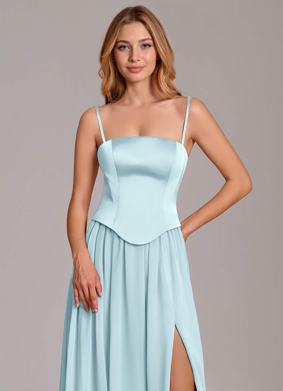 Cadence A-Line Strapless Chiffon and Stretch Satin Bridesmaid Dress in Cloud Blue