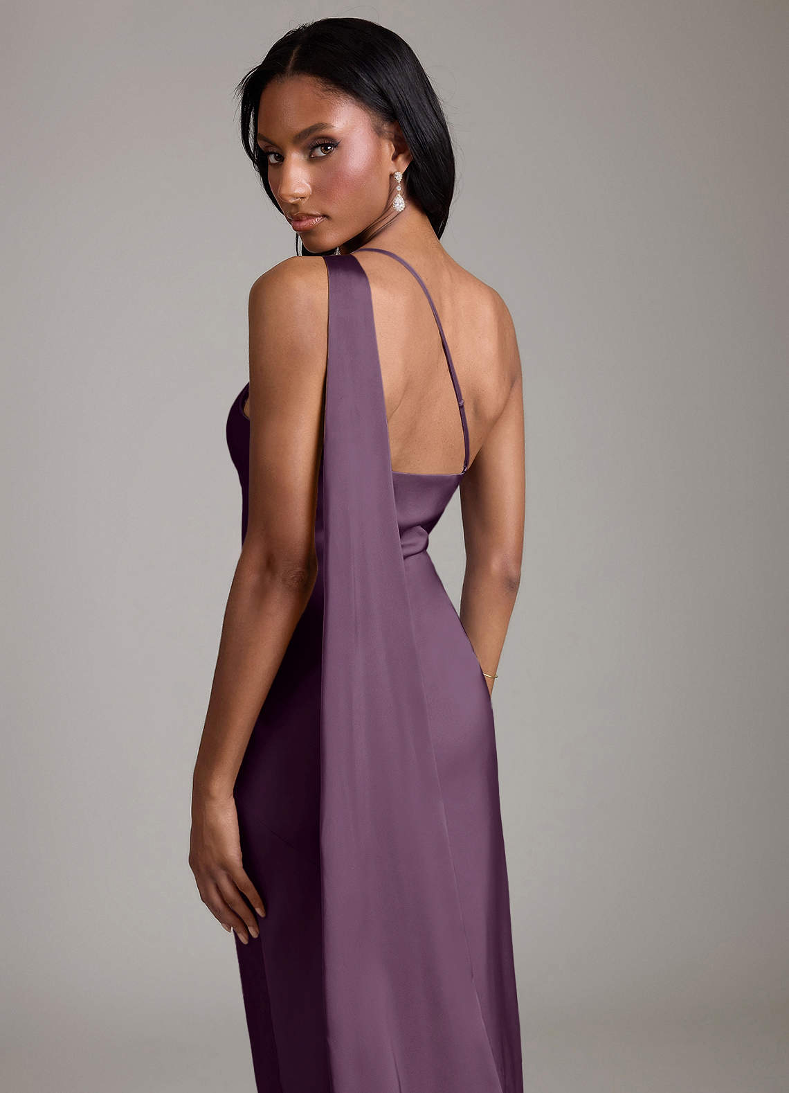 Juniper Mermaid One-Shoulder Stretch Satin Bridesmaid Dress in Plum