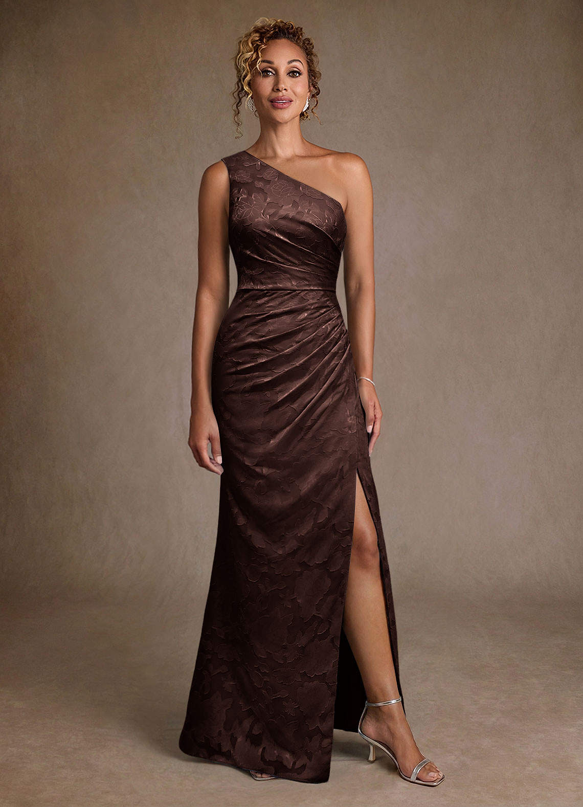 Joylin Trumpet One-Shoulder Floral Burnout Mother of the Bride Dress in Ganache