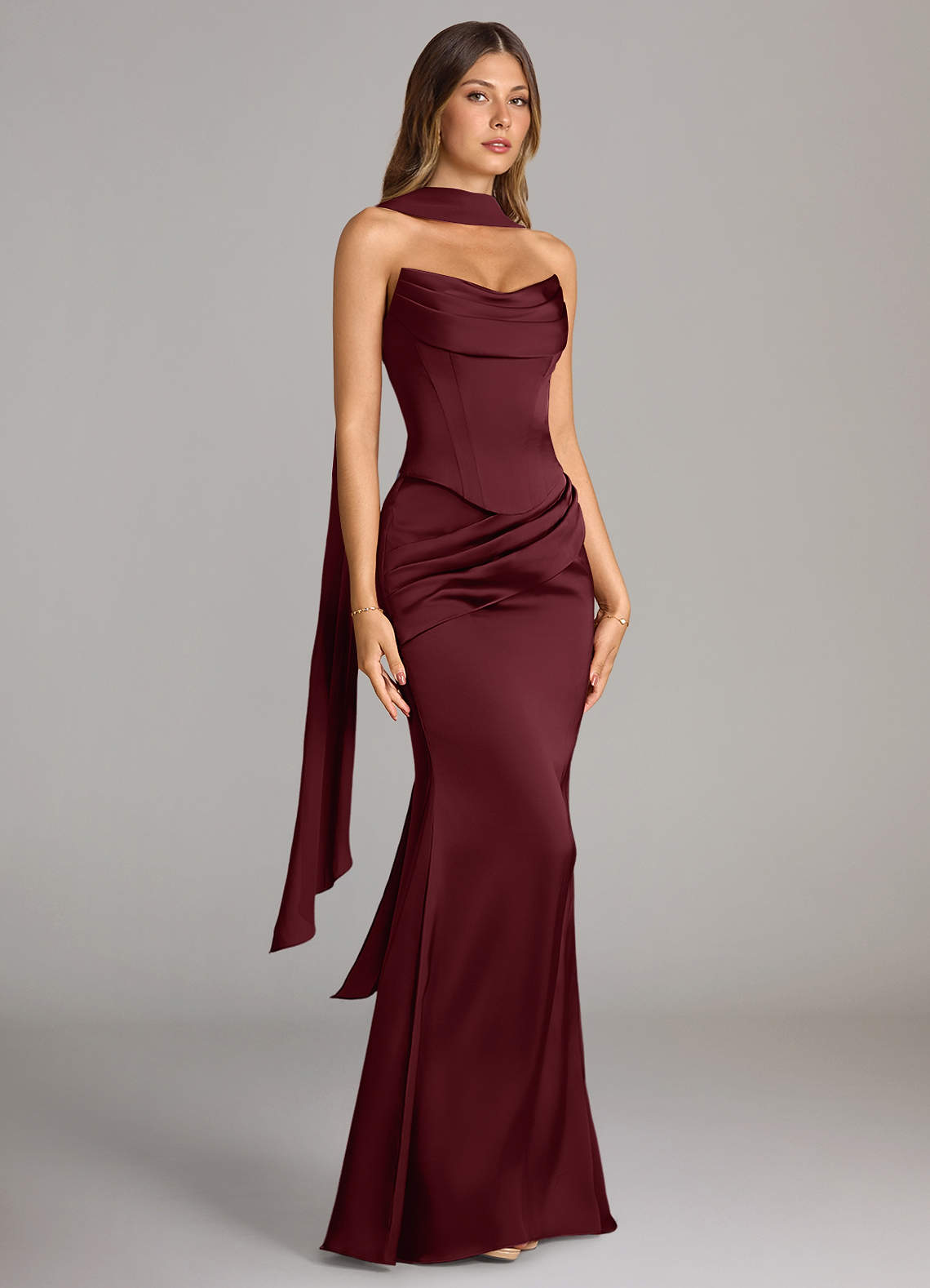 Sorrel Mermaid Corset Stretch Satin Evening Set in Wine