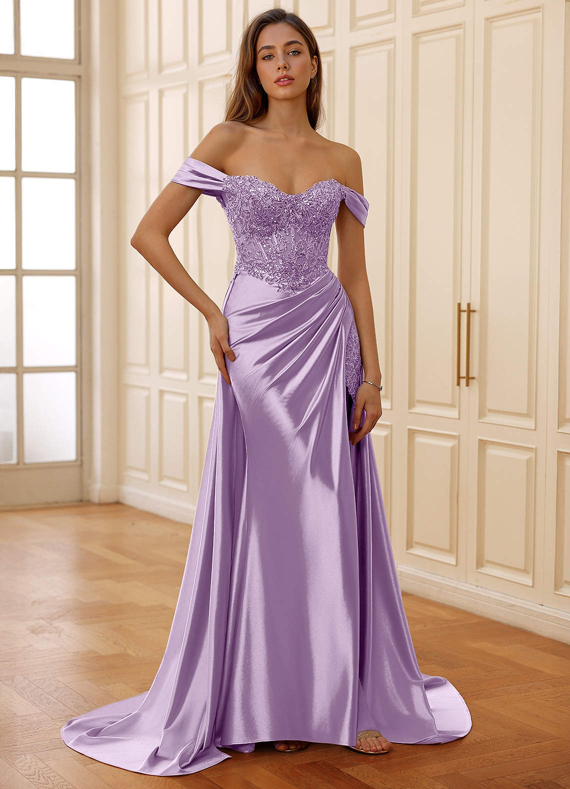 Rowane A-Line Off-the-Shoulder Satin Evening Dress in Plum