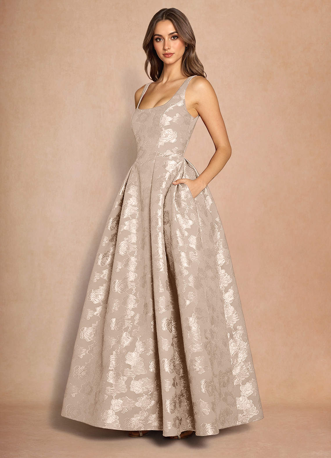 Briac A-Line Scoop-Neck Fil Coupé Evening Dress in Lemon Sorbet