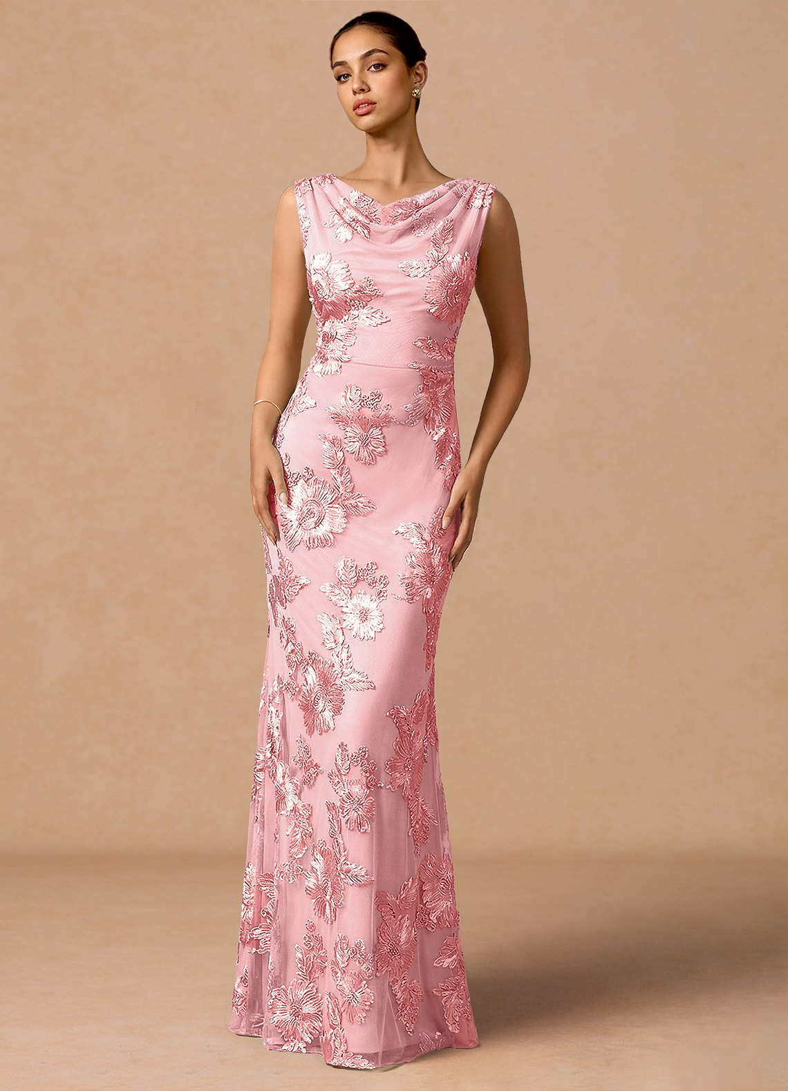 Elowis Column Open-Back Floral Mesh Evening Dress in Pink
