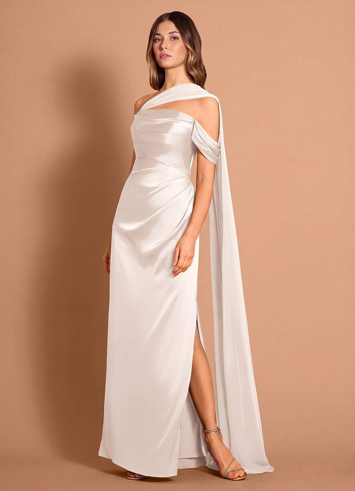 Meliora Asymmetric Strapless Chiffon-Drape Stretch Satin Evening Dress in Cream