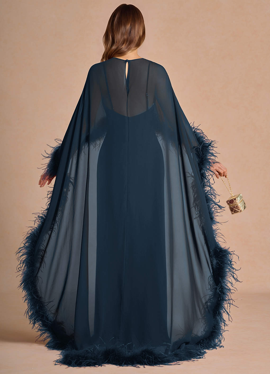 Samara Sheath Feather-Trim Satin Chiffon Wedding Guest Dress in Navy