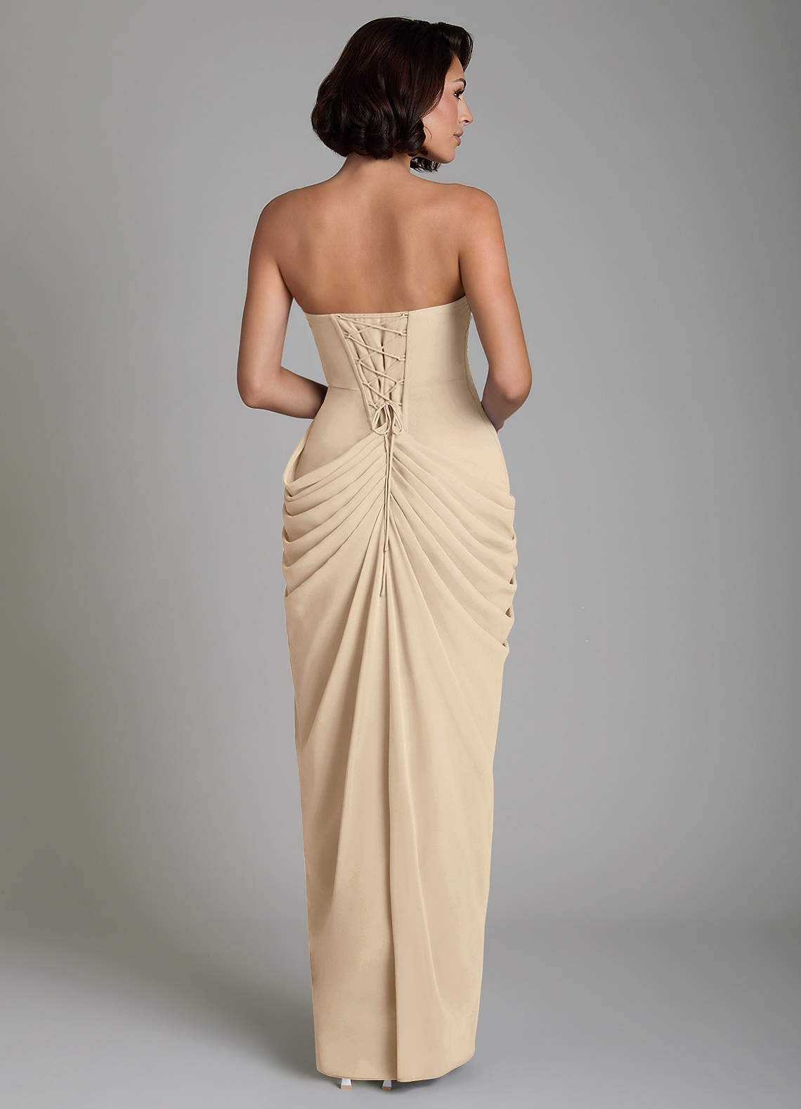 Nyra Sheath Strapless Chiffon Bridesmaid Dress in Champagne